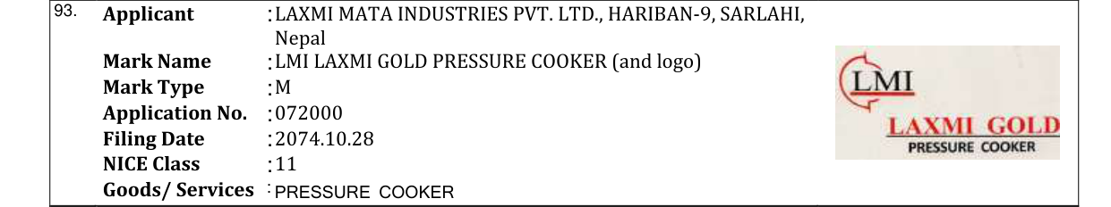 Original bulletin entry for LMI LAXMI GOLD PRESSURE COOKER (and logo)