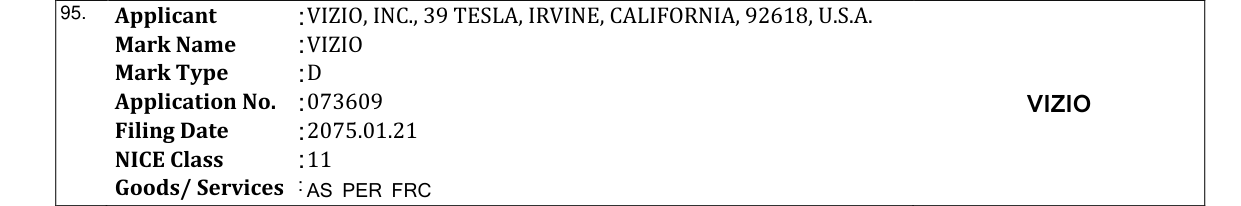 Original bulletin entry for VIZIO
