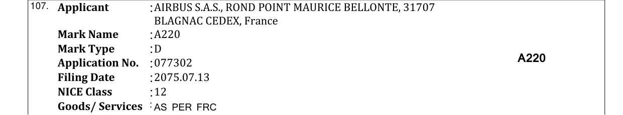 Original bulletin entry for A220