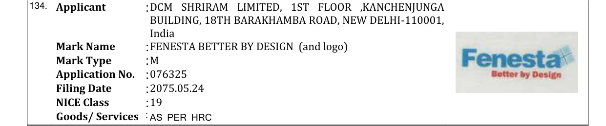 Original bulletin entry for FENESTA BETTER BY DESIGN (and logo)
