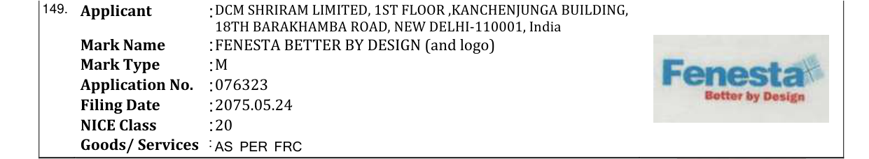 Original bulletin entry for FENESTA BETTER BY DESIGN (and logo)