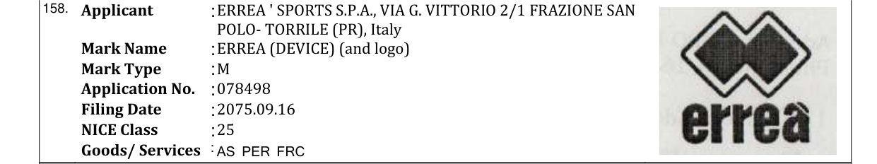 Original bulletin entry for ERREA (DEVICE) (and logo)