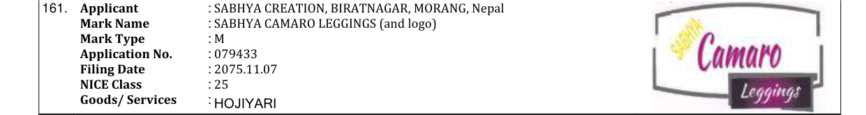 Original bulletin entry for SABHYA CAMARO LEGGINGS (and logo)