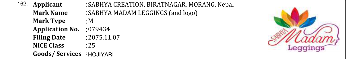 Original bulletin entry for SABHYA MADAM LEGGINGS (and logo)