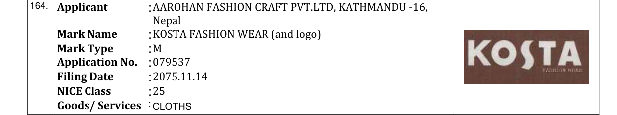 Original bulletin entry for KOSTA FASHION WEAR (and logo)