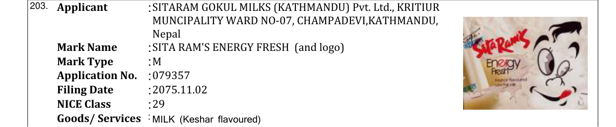 Original bulletin entry for SITA RAM'S ENERGY FRESH (and logo)