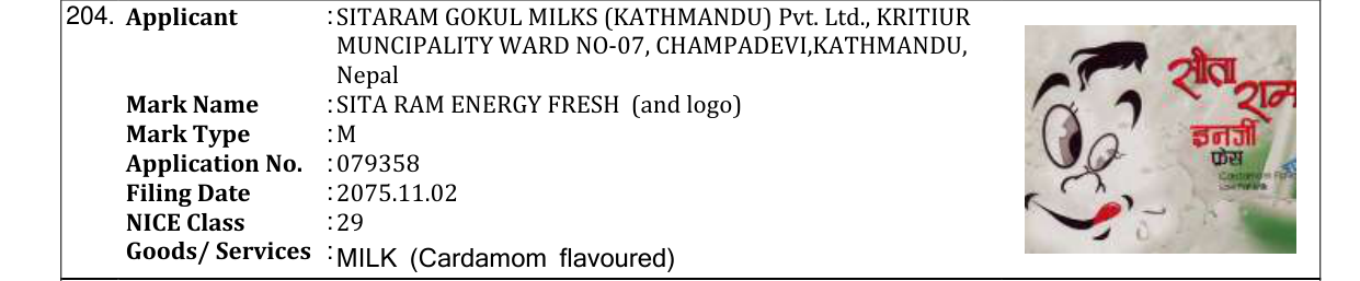 Original bulletin entry for SITA RAM ENERGY FRESH (and logo)
