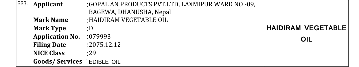 Original bulletin entry for HAIDIRAM VEGETABLE OIL