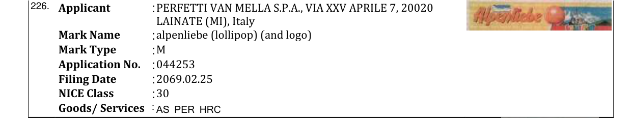Original bulletin entry for alpenliebe (lollipop) (and logo)