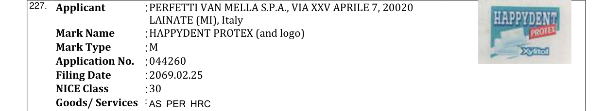 Original bulletin entry for HAPPYDENT PROTEX (and logo)