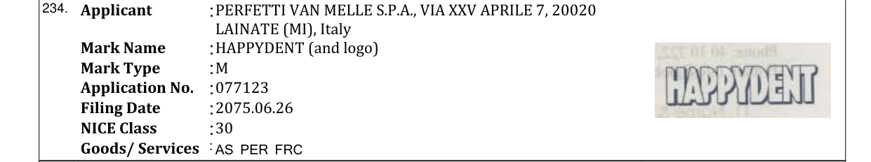 Original bulletin entry for HAPPYDENT (and logo)