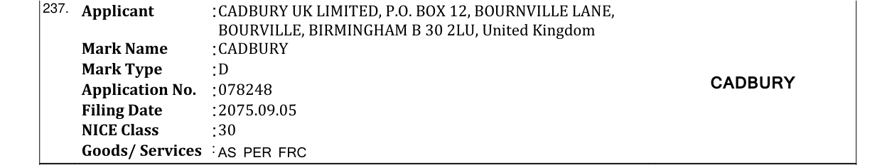 Original bulletin entry for CADBURY