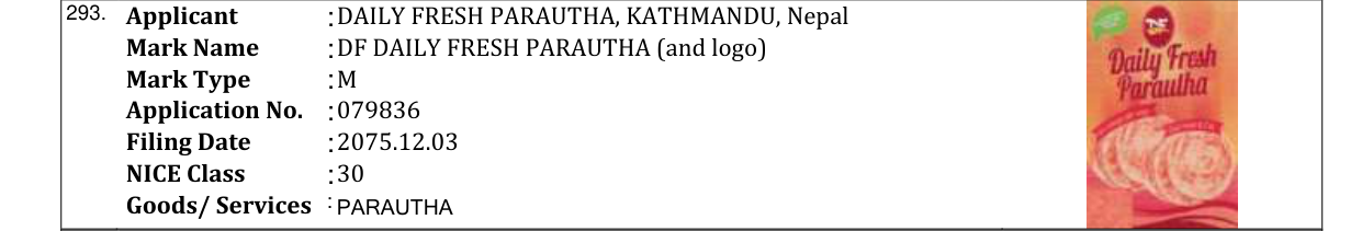 Original bulletin entry for DF DAILY FRESH PARAUTHA (and logo)