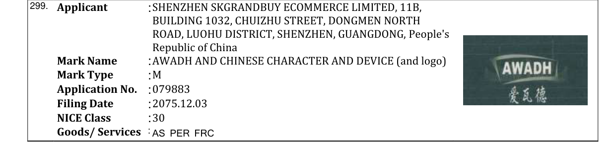 Original bulletin entry for AWADH AND CHINESE CHARACTER AND DEVICE (and logo)