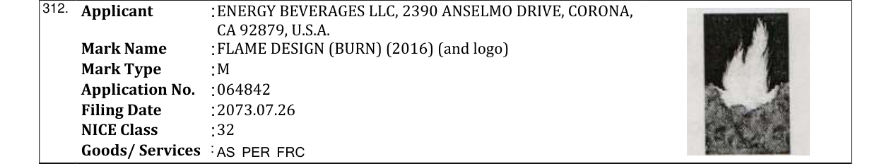 Original bulletin entry for FLAME DESIGN (BURN) (2016) (and logo)