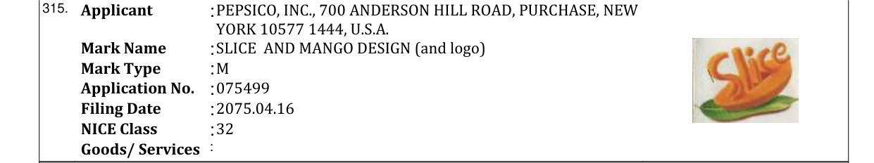 Original bulletin entry for SLICE AND MANGO DESIGN (and logo)