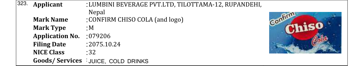 Original bulletin entry for CONFIRM CHISO COLA (and logo)