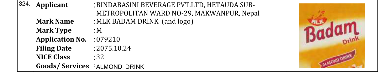 Original bulletin entry for MLK BADAM DRINK (and logo)