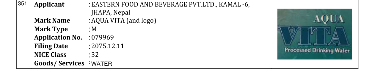 Original bulletin entry for AQUA VITA (and logo)