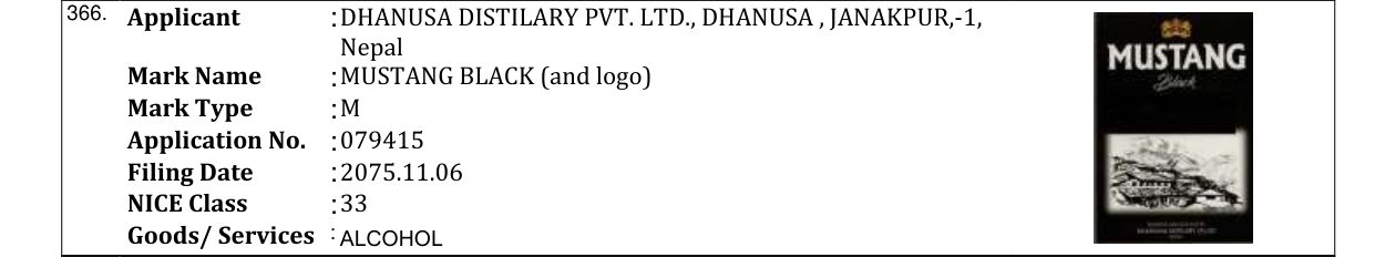 Original bulletin entry for MUSTANG BLACK (and logo)