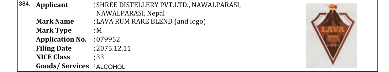 Original bulletin entry for LAVA RUM RARE BLEND (and logo)