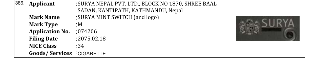 Original bulletin entry for SURYA MINT SWITCH (and logo)
