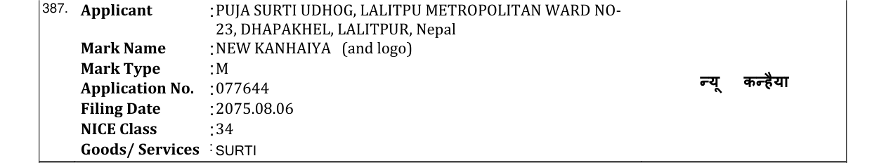 Original bulletin entry for NEW KANHAIYA (and logo)