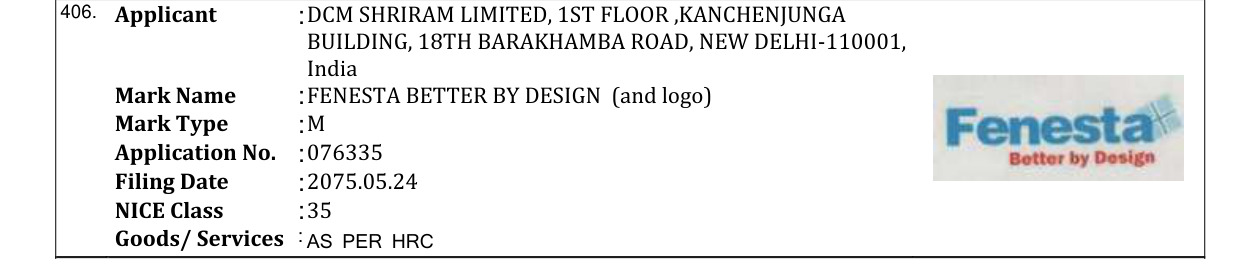 Original bulletin entry for FENESTA BETTER BY DESIGN (and logo)