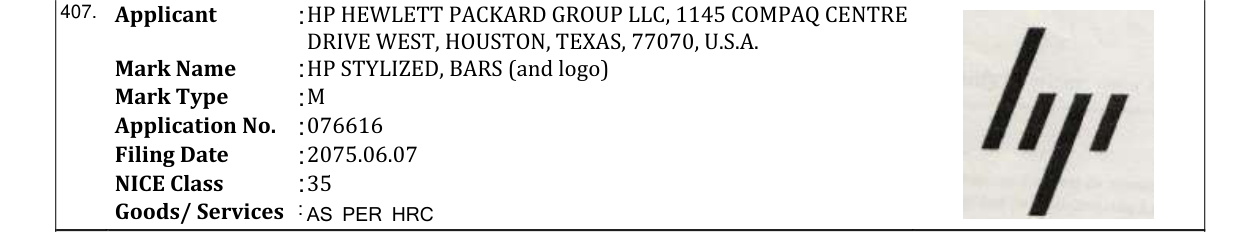 Original bulletin entry for HP STYLIZED, BARS (and logo)