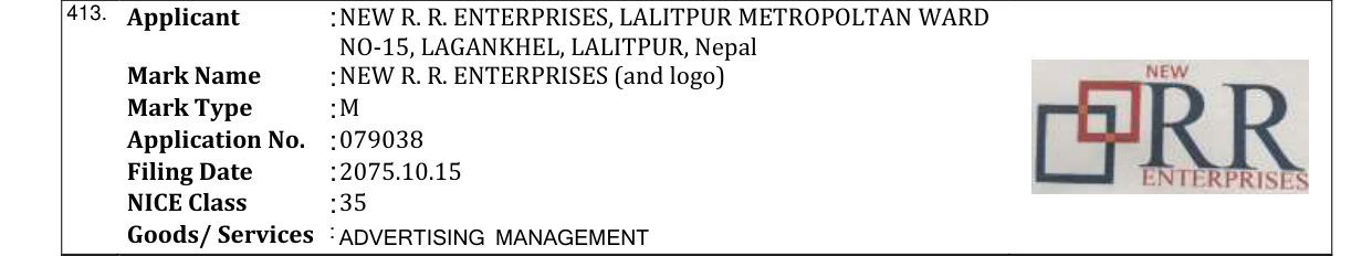 Original bulletin entry for NEW R. R. ENTERPRISES (and logo)