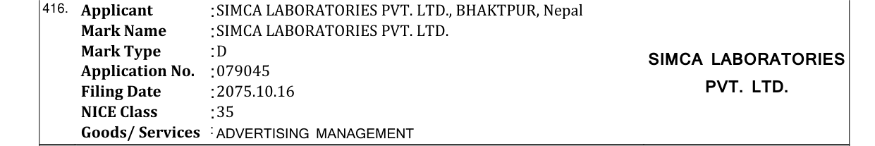Original bulletin entry for SIMCA LABORATORIES PVT. LTD.