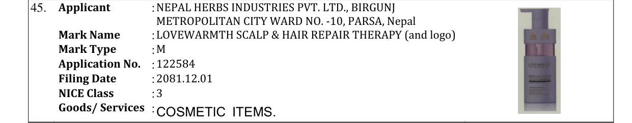 Original bulletin entry for LOVEWARMTH SCALP & HAIR REPAIR THERAPY (and logo)