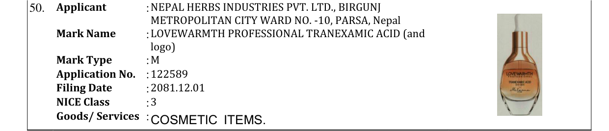 Original bulletin entry for LOVEWARMTH PROFESSIONAL TRANEXAMIC ACID (and logo)
