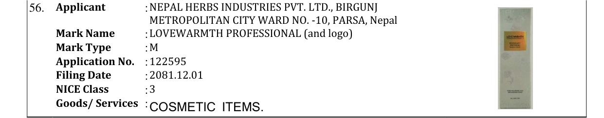 Original bulletin entry for LOVEWARMTH PROFESSIONAL (and logo)