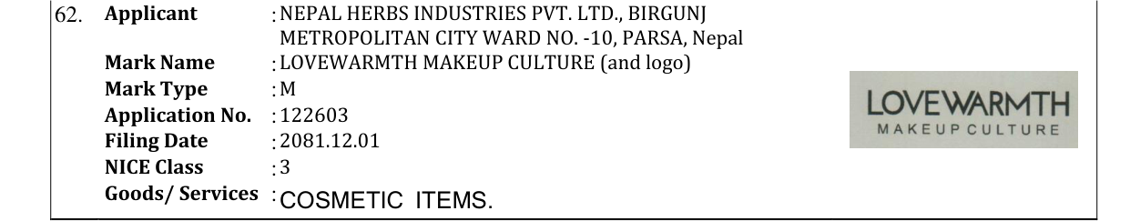 Original bulletin entry for LOVEWARMTH MAKEUP CULTURE (and logo)