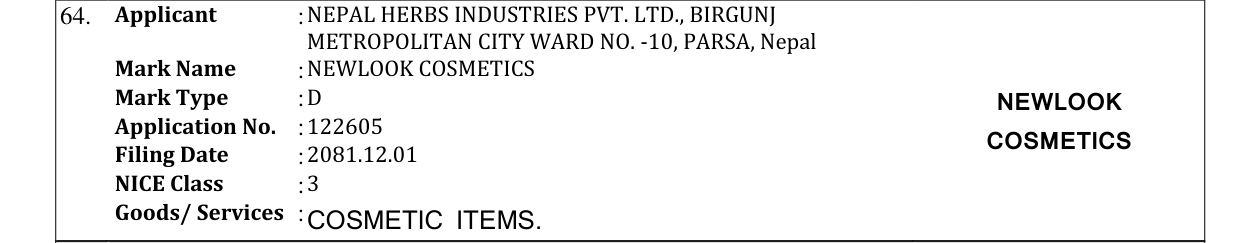 Original bulletin entry for NEWLOOK COSMETICS