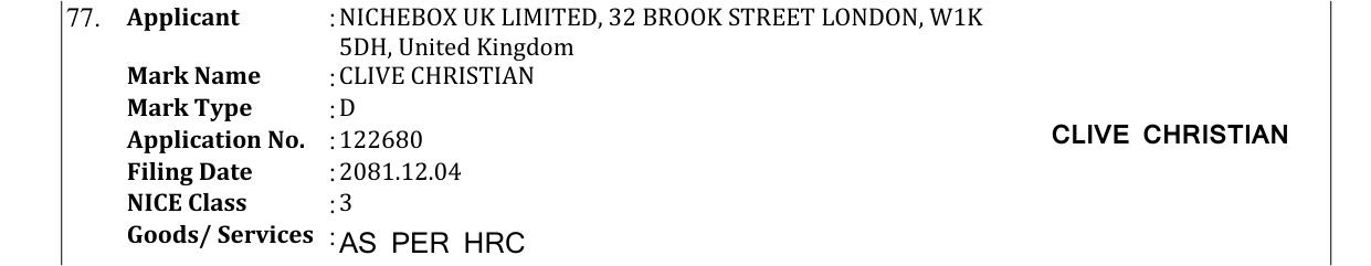 Original bulletin entry for CLIVE CHRISTIAN