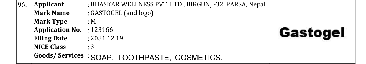 Original bulletin entry for GASTOGEL (and logo)
