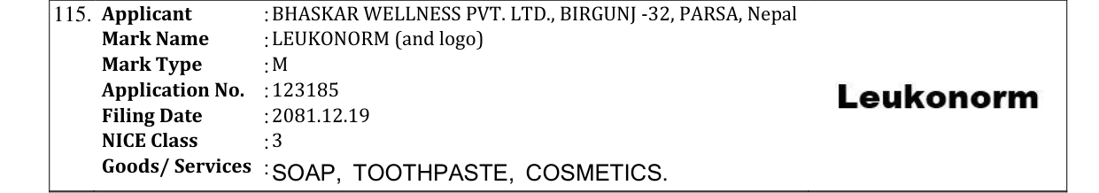 Original bulletin entry for LEUKONORM (and logo)