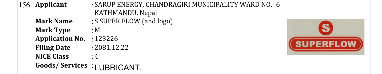 Original bulletin entry for S SUPER FLOW (and logo)