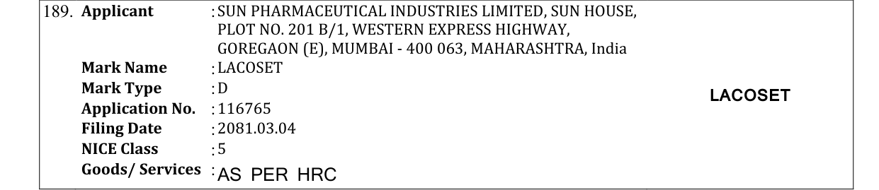 Original bulletin entry for LACOSET