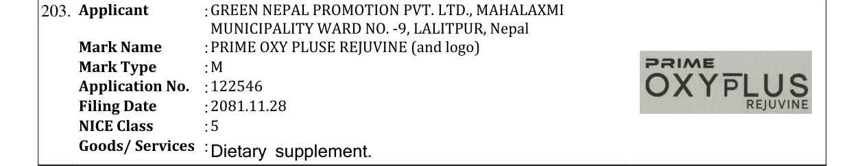 Original bulletin entry for PRIME OXY PLUSE REJUVINE (and logo)