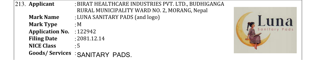 Original bulletin entry for LUNA SANITARY PADS (and logo)
