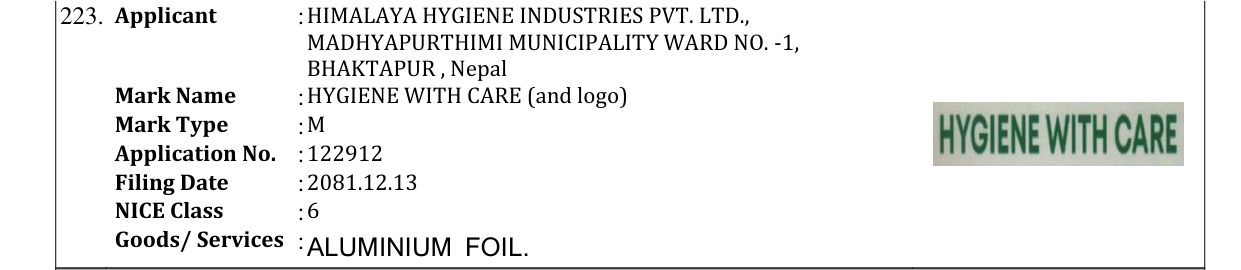 Original bulletin entry for HYGIENE WITH CARE (and logo)