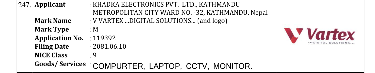 Original bulletin entry for V VARTEX...DIGITAL SOLUTIONS... (and logo)