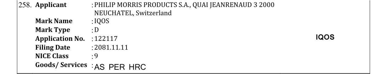Original bulletin entry for IQOS