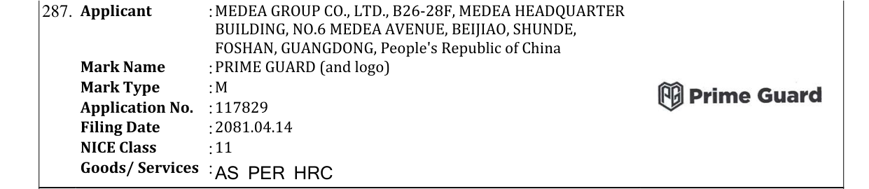 Original bulletin entry for PRIME GUARD (and logo)
