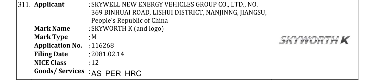 Original bulletin entry for SKYWORTH K (and logo)