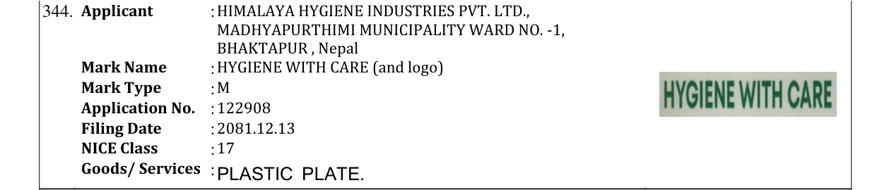 Original bulletin entry for HYGIENE WITH CARE (and logo)